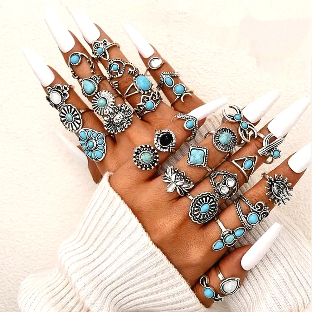 Western Style Rings Stacking 24 Pc Ring Set Blue Silvery Boho Jewelry